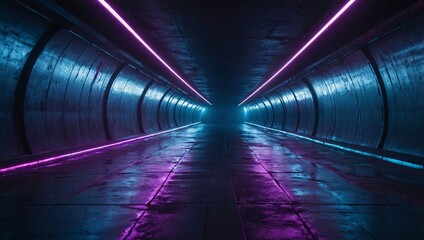 Wall Mural - Modern cyber tunnel with neon lasers, purple and blue glow, grunge concrete stage