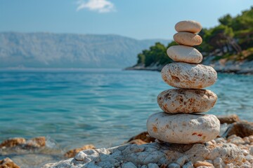 stones balancing perfectly creating a relaxing zen atmosphere