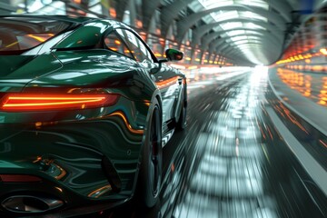 Green sports car speeds through a modern tunnel, leaving a trail of motion blur