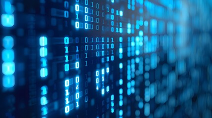 Abstract digital data background in blue tones, depicting binary code and futuristic technology concept for cybersecurity and information systems.