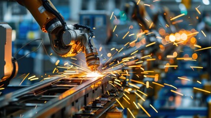 Industrial robotic arm welding metal with sparks flying in an automated factory setting for advanced manufacturing.