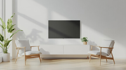 Wall Mural - 3D rendering mockup of a white TV paired with an armchair in a living room, set against a white wall.