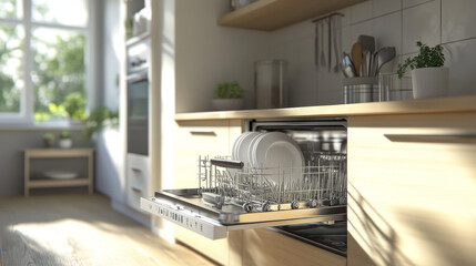 Wall Mural - 3D illustration of a dishwasher, shown both open and closed in the kitchen