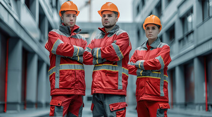 Aufkleber - Three workers in hard hats and red and grey uniform, standing in front of a building. Generative AI.