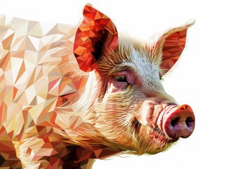 Close-up, polygonal-style illustration of a domestic pigs face, showcasing its distinctive features