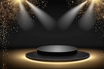 Wall Mural - Golden stage, catwalk, showcase, on black background with glitter . Vector illustration. For demonstration of goods, cosmetics.