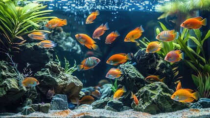 A fish tank filled with clear water, vibrant, healthy fish swimming around The sandy bottom of the tank looks clean and well maintained, with a few decorative plants. Generative AI.