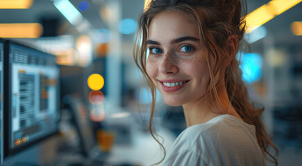 Canvas Print - Female IT technician in front of a computer working, work environment, happy in her position. Generative AI.