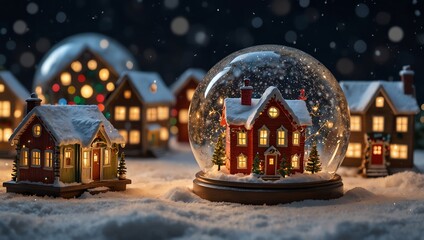 Wall Mural - A snow globe with a small house inside is surrounded by other houses covered in snow. 