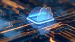 © Tackey - Futuristic cloud computing concept with digital interface and circuitry in blue and orange tones, representing innovation and technology.