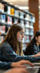 Wall Mural - Teen Students Focused on Laptops for School Projects in Library