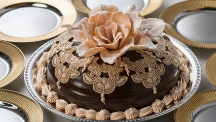 Poster - A chocolate cake with a flower on top of it sitting next to plates, AI