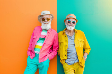 Two stylish elderly men in vibrant attire lean against a split-color backdrop, exuding confidence and flair in a playful, colorful scene.