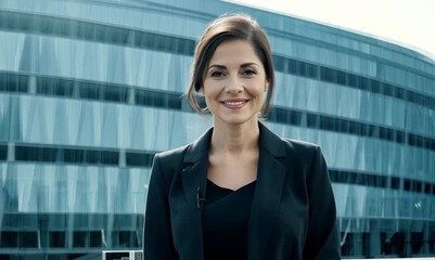 Wall Mural - Full-length portrait video of a satisfied woman in her 30s wearing a classic blazer against a modern architectural background