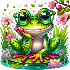 A frog wearing glasses is sitting on a lily pad in a pond. The frog has a smile on its face, and the scene is peaceful and serene