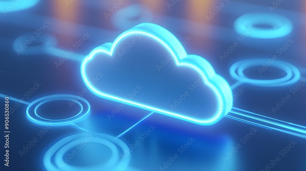 Neon glowing blue cloud symbol representing cloud computing technology ...