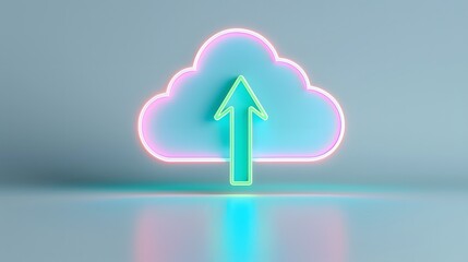 Neon cloud upload icon on blue background, symbolizing cloud storage, data transfer, and modern technology in a minimalistic design.