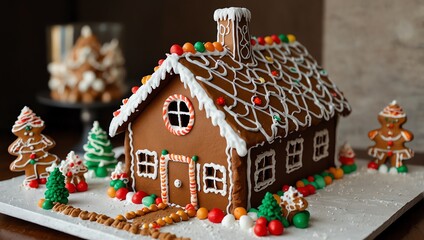 Wall Mural -  Gingerbread house with a chimney, candy decorations, and two gingerbread people