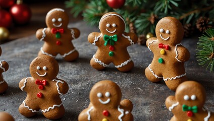 Wall Mural -  Six gingerbread men cookies on a gray surface, decorated with icing and colorful candies.