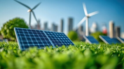 solar panels and wind turbines in a green field with city skyline, representing renewable energy and