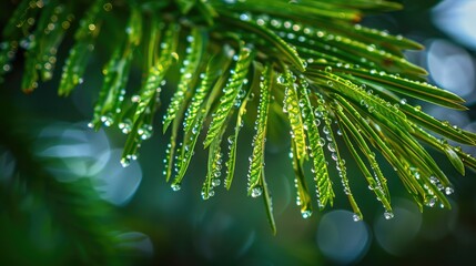 Wall Mural - Close up of raindrops on Norfolk Island pine leaves with blurred background