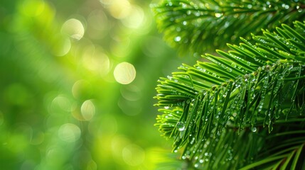 Wall Mural - Close up of raindrops on Norfolk Island pine leaves with blurred background