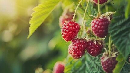 Canvas Print - Close up of raspberry fruit growing on green background