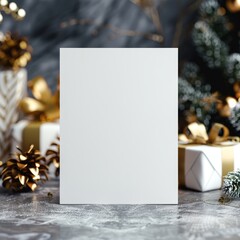 Blank white card mockup with festive Christmas decorations. Perfect for holiday branding.