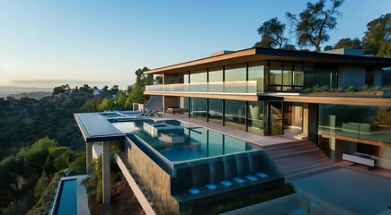 Wall Mural - Modern luxury villa with large glass windows, infinity pool, and scenic views of surrounding hills and valleys at sunrise