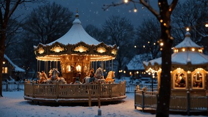  carousel covered in snow, with lights strung up in the trees.