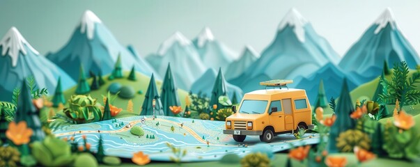 Wall Mural - Journey planning roadtrippers, flat design, front view, map exploration, animation, vivid, copy space for text