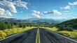 © SITTAKAN - Mountain range roadtrippers, flat design, front view, sweeping road view, 3D render, complementary color scheme, copy space for text