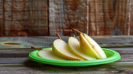 Wall Mural - Fresh European pear slices on green plastic plate with wooden background