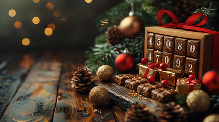 Wall Mural - Close-up of a wooden Advent calendar with numbered tiles