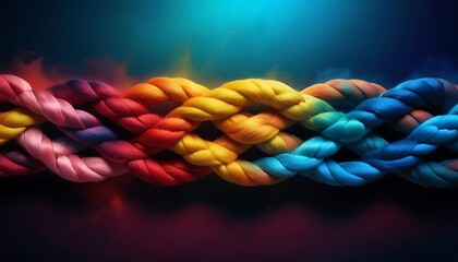 Team rope diverse strength connect partnership together teamwork unity communicate support. Strong diverse network rope team concept integrate braid color background cooperation empower power.