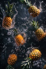 Fresh pineapple closeup view with water splashes