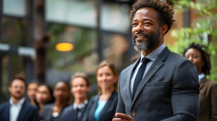 A man in a suit is smiling and standing in front of a group of people