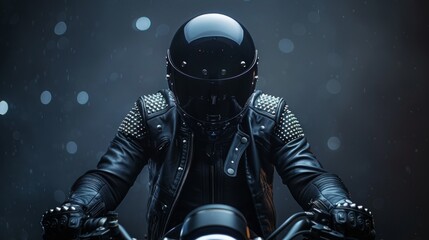 Wall Mural - a mysterious motorcycle rider in black attire and helmet on a black bike against an indigo backgroun