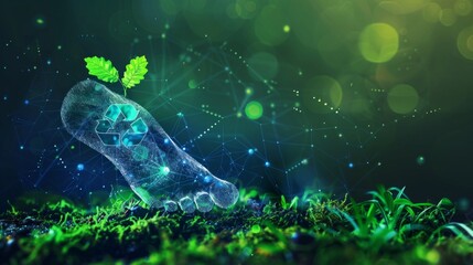 Wall Mural - Digital image shows green foot with recycling symbol, plant growing, geometric shapes in blue, hinting at connectivity. Green to blue gradient background evokes cyber-environmental theme.