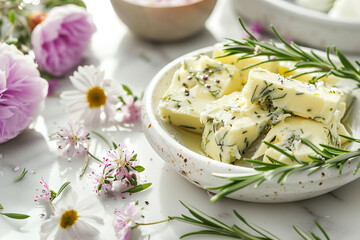 Wall Mural - Gourmet Herb-Infused Butter with Rosemary and Edible Flowers