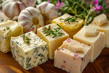 Canvas Print - Collection of Flavored Butter with Garlic and Herbs in Kitchen Setting