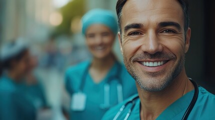 Wall Mural - Doctors and nurses in a hospital, showcasing unity and happiness, with a focus on teamwork and leadership in achieving healthcare excellence