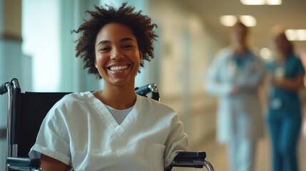 Wall Mural - A happy patient, sitting in a wheelchair, smiling widely as they are wheeled out of the hospital by a nurse after a successful recovery