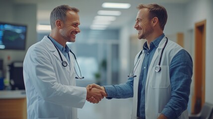 A happy patient shaking hands with a doctor, expressing appreciation for the successful treatment in a bright and modern hospital setting