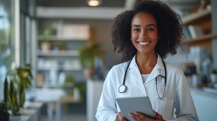 Wall Mural - A happy female doctor, smiling at the camera with a tablet in hand, standing in her professional environment, showcasing a welcoming and caring demeanor