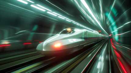 Wall Mural - High speed rail with motion blur in a tunnel with neon light, Futuristic urban transit