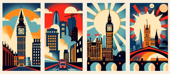 Sticker - set of four vector illustration poster designs in a vintage style with bold colors and black outlines.