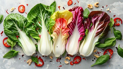 An appetizing image of pak choi leaves included in a colorful salad, paired with other fresh vegetables, nuts, and a light dressing.