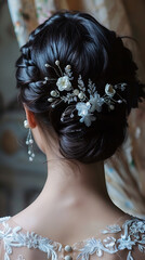 Poster - Elegant Bridal Hairstyling with Floral Decor in Sophisticated Salon  