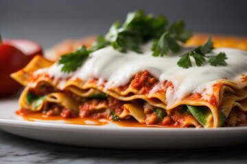 Close-up lasagna on a plate on the table